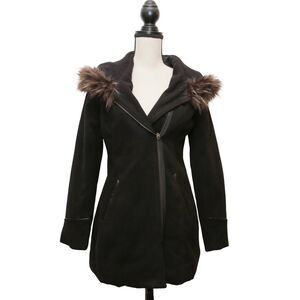 Maralyn & Me Size Small Black Asymmetrical Zip Coat Faux Fur Hood Trim